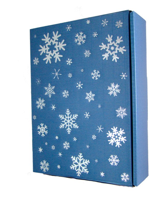 3er Präsentkarton Blau mit Metallic-Schneeflocken mit Strukturprägung / Geschenkverpackung