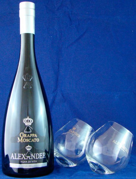 Set mit 1 Flasche Grappa Moscato "Alexander" 38,0% vol. 0,70 l mit 2 Gläsern Bottega