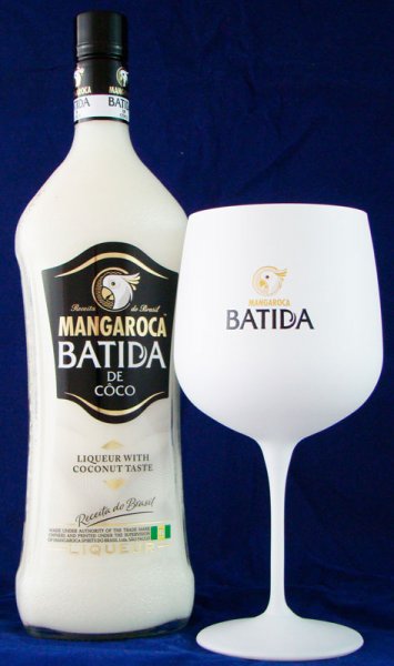 Set mit 1 Flasche Mangaroca Batida de Coco Likör 16,0 % vol. 0,70 l und 1 Stück Mangaroca Batida de Coco Glas weiß